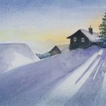 Berghütten im winterlichen Schatten der Abendsonne